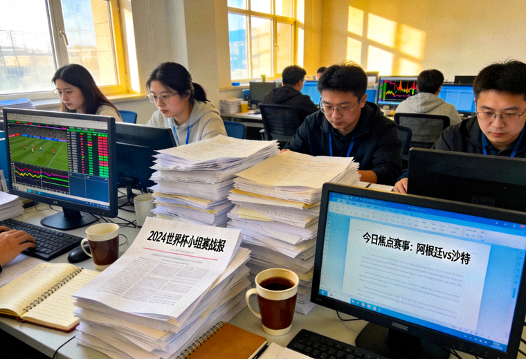 体育新闻编辑部整理赛事资讯与战报的工作场景