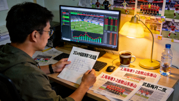 体育资讯编辑整理赛事战报的工作场景